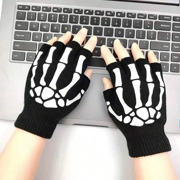 Black Fingerless Gloves With White Skeleton Bone Print image 1